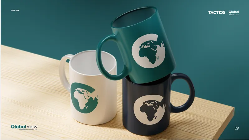 Global View branded mugs showing the globe icon
